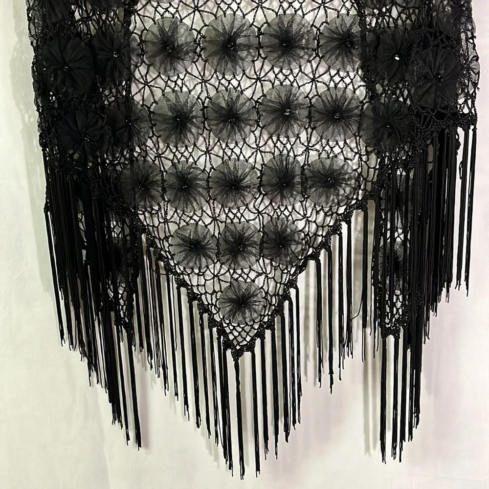 Black Crochet Beaded Floral Fringe Shawl - Picture 12 of 15